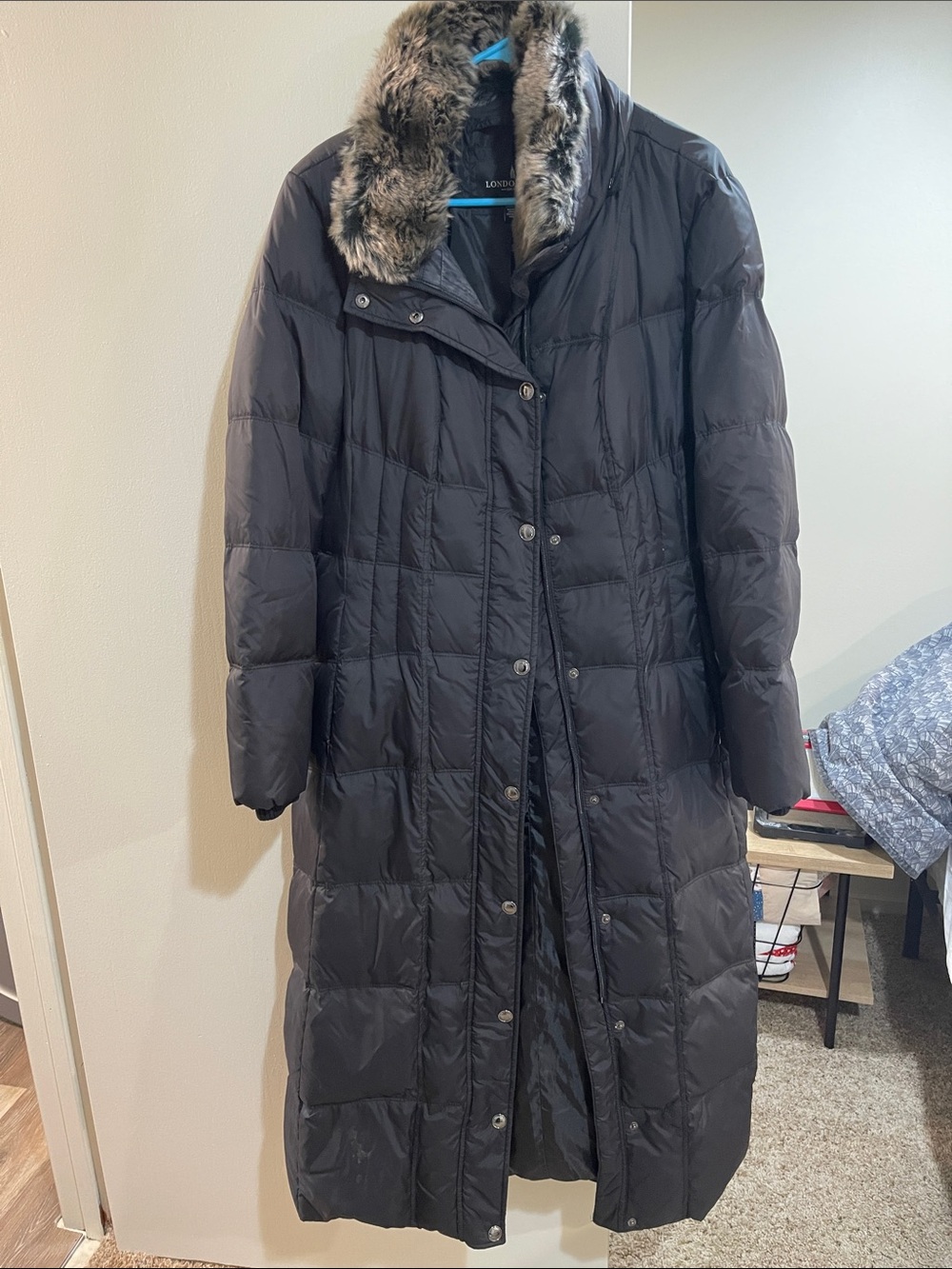 London Fog Black Quilted Long Puffer Coat with Faux Fur Trim